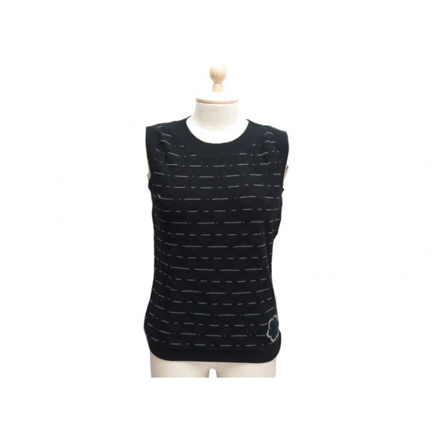 HAUT CHANEL P47981 38 M CAMELIA PULL SANS MANCHE EN MAILLE COTON NOIR TOP 2100€