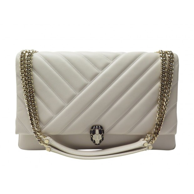 NEUF SAC A MAIN BULGARI SERPENTI CHEVRON EN CUIR CREME BANDOULIERE HANDBAG 3500€