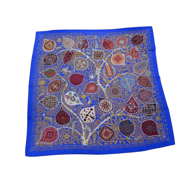 NEUF CHALE HERMES L'ARBRE DE VIE 242649S FOULARD CACHEMIRE SOIE BLEU 140CM 1260€