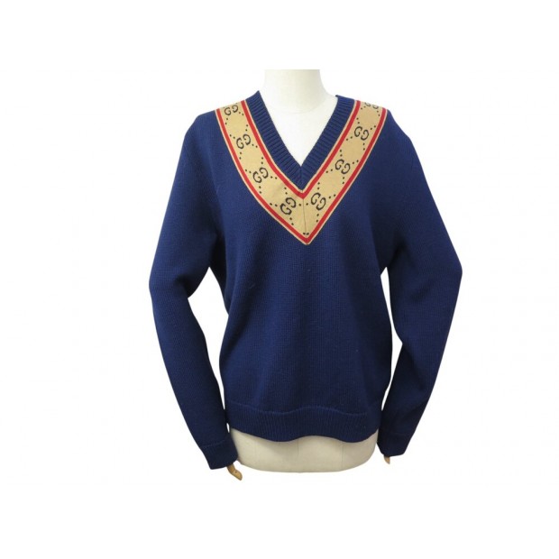 NEUF PULL GUCCI COL V BANDE GG 577089 M 40 EN LAINE BLEUE WOOL TOP SWEATER 1200€