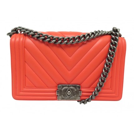 SAC A MAIN CHANEL BOY MEDIUM CUIR CHEVRON CORAIL BANDOULIERE HANDBAG PURSE 6750€