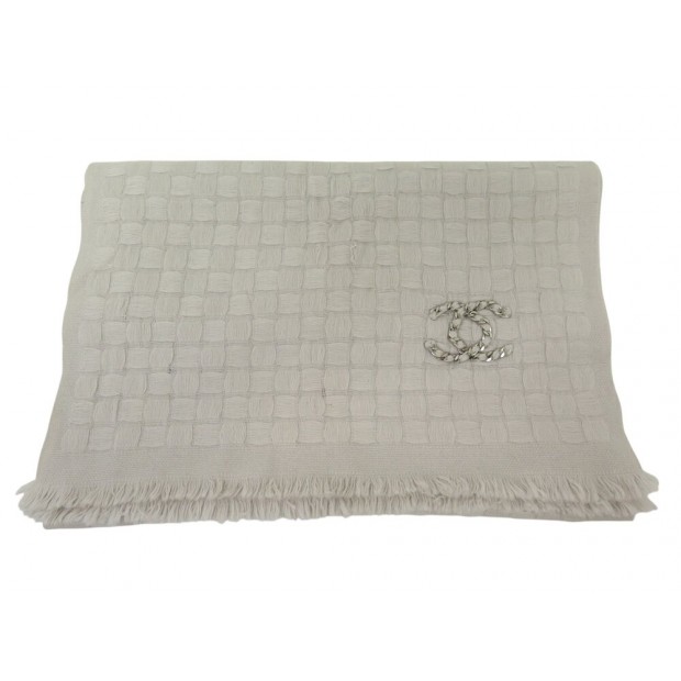 ECHARPE CHANEL CACHEMIRE LOGO CC ENTRELACE GRIS PERLE CASHEMERE GREY SCARF 1190€