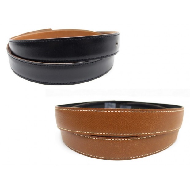 LIEN CEINTURE HERMES T 76 EN CUIR NOIR & EPSOM MARRON 24MM REVERSIBLE BELT 310€