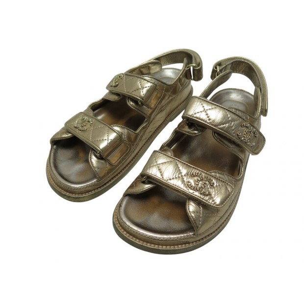 CHAUSSURES CHANEL SANDALES DAD G35927 36.5 EN CUIR DOREES GOLD FLAT SHOES 1550€