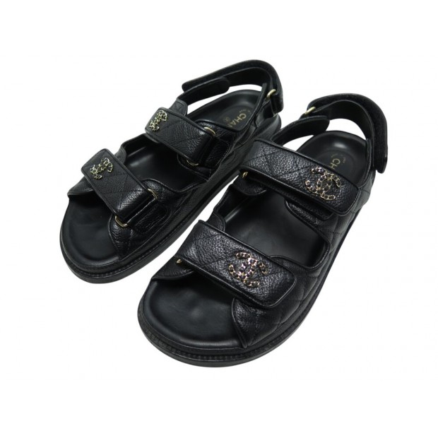 CHAUSSURES CHANEL SANDALES DAD G35927 36.5 EN CUIR NOIRES BLACK FLAT SHOES 1550€