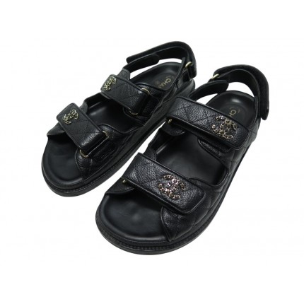 CHAUSSURES CHANEL SANDALES DAD G35927 36.5 EN CUIR NOIRES BLACK FLAT SHOES 1550€
