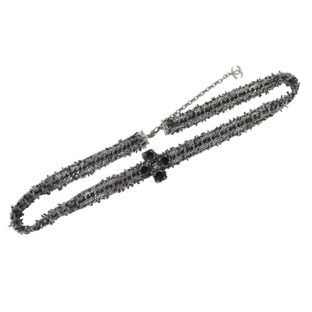 NEUF CEINTURE CHANEL CHAINE & TWEED ENTRELACE 2013 GRIPOIX T 90 NEW SILVER BELT