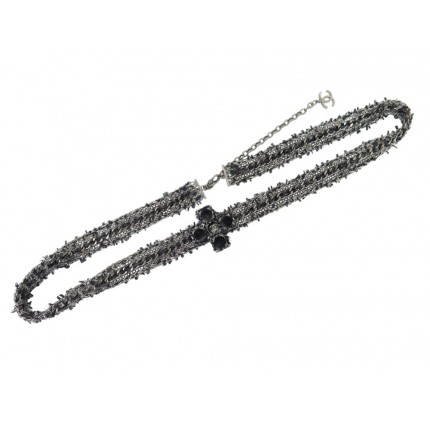 NEUF CEINTURE CHANEL CHAINE & TWEED ENTRELACE 2013 GRIPOIX T 90 NEW SILVER BELT