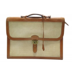 VINTAGE SAC A DEPECHES HERMES 3 SOUFFLET EN CUIR GOLD TOILE BRIEFCASE BAG 6300€