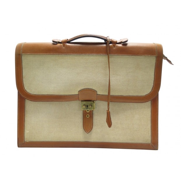 VINTAGE SAC A DEPECHES HERMES 3 SOUFFLET EN CUIR GOLD TOILE BRIEFCASE BAG 6300€