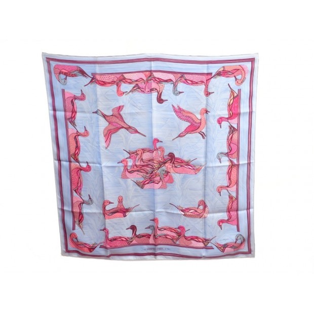 FOULARD HERMES LA MARE AUX CANARDS DUCHESNE CARRE SOIE BLEU ROSE SILK SCARF 350