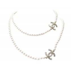 NEUF COLLIER CHANEL LOGO CC & PERLES SAUTOIR 110CM EN METAL DORE NECKLACE 1990€