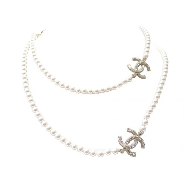 NEUF COLLIER CHANEL LOGO CC & PERLES SAUTOIR 110CM EN METAL DORE NECKLACE 1990€