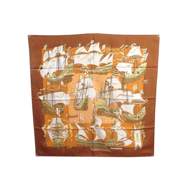 VINTAGE FOULARD HERMES ARMADA VAUZELLES CARRE EN SOIE MARRON SILK SCARF 350€