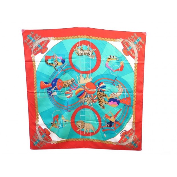 FOULARD HERMES CIRCUS ANNIE FAIVRE CIRQUE CARRE EN SOIE ROUGE BLEU SILK SCARF