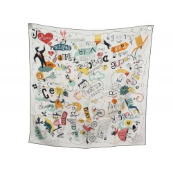RARE FOULARD HERMES LES CONFESSIONS EN SOIE BLANCHE 90 CM WHITE SILK SCARF