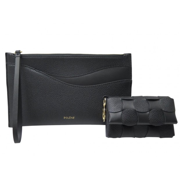 NEUF LOT POLENE PORTE-CARTES NEITI + POCHETTE SIERRA DUO CUIR GRAINE NOIR 200€