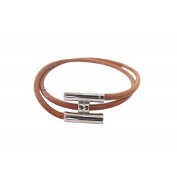 BRACELET HERMES TOURNIS DOUBLE TOUR EN CUIR MARRON & PALLADIE BANGLE +BOITE 425€