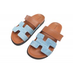 CHAUSSURES HERMES MULES CHYPRE H231125Z 39 CUIR GOLD ET DENIM LEATHER SHOES 760€