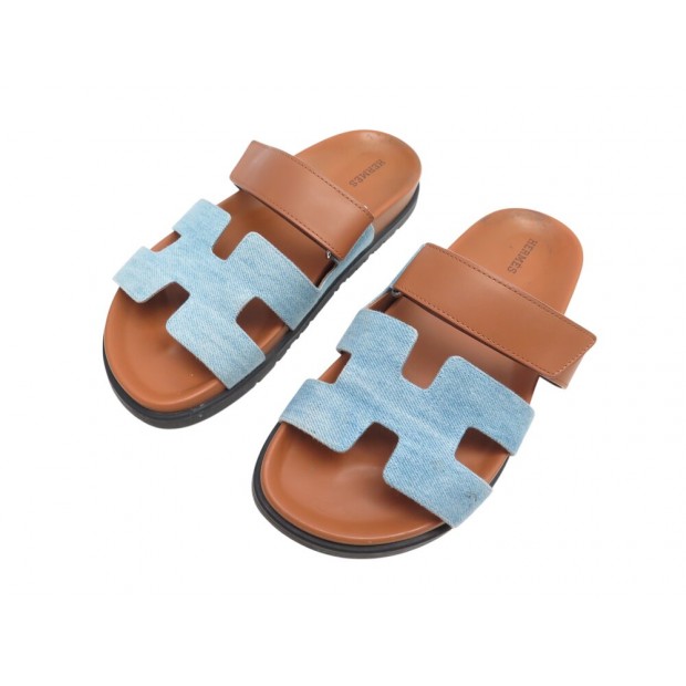 CHAUSSURES HERMES MULES CHYPRE H231125Z 39 CUIR GOLD ET DENIM LEATHER SHOES 760€
