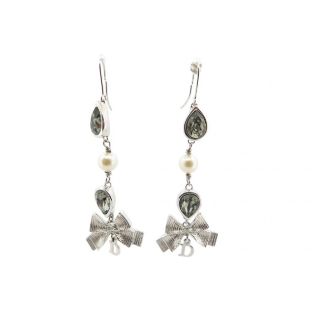 BOUCLES D'OREILLES CHRISTIAN DIOR PENDANTE NOEUD PERLE ARGENTE EARRINGS 570€