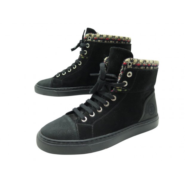 NEUF BASKETS CHANEL G31058 LOGO CC 37 TWEED DAIM CUIR NOIR SNEAKERS SHOES 1175€