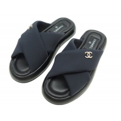 NEUF CHAUSSURES CHANEL SANDALES G38864 37 CUIR ET TOILE NOIRE BOITE SHOES 1100€