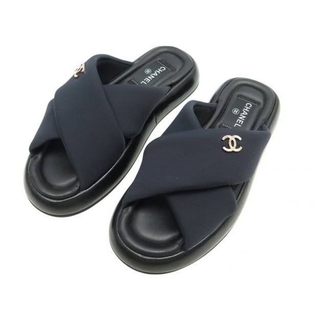 NEUF CHAUSSURES CHANEL SANDALES G38864 37 CUIR ET TOILE NOIRE BOITE SHOES 1100€