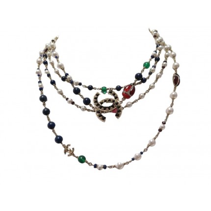 NEUF COLLIER CHANEL SAUTOIR 2019 PERLES PIERRE SCARABEE LOGO CC METAL DORE 2300€