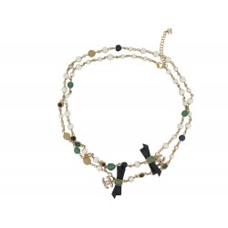 NEUF COLLIER SAUTOIR CHANEL 2018 PERLES NOEUD EN CUIR LOGO CC STRASS ET PIERRES