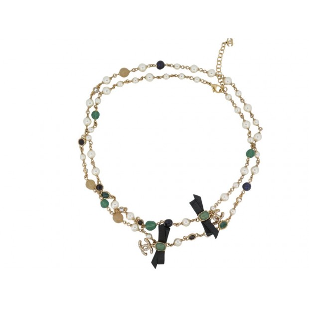 NEUF COLLIER SAUTOIR CHANEL 2018 PERLES NOEUD EN CUIR LOGO CC STRASS ET PIERRES