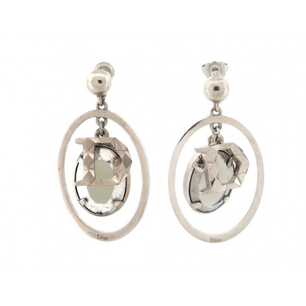 BOUCLES D'OREILLES CHRISTIAN DIOR PENDANTES LOGO D ET PIERRE METAL ARGENTE 570€