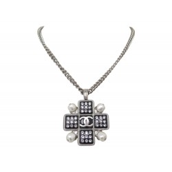 NEUF COLLIER CHANEL AB8408 PENDENTIF CROIX GRIPOIX STRASS LOGO CC NECKLACE 1420€