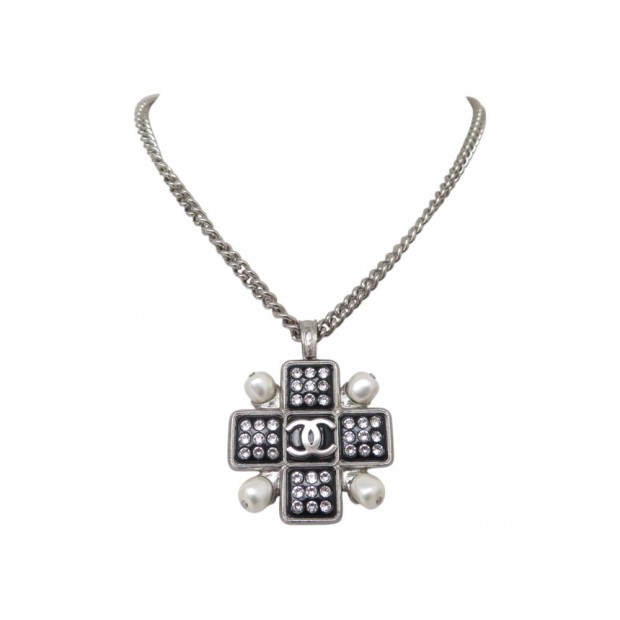 NEUF COLLIER CHANEL AB8408 PENDENTIF CROIX GRIPOIX STRASS LOGO CC NECKLACE 1420€