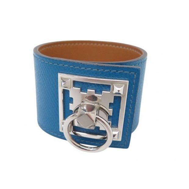 NEUF BRACELET HERMES CRENEAU CUIR GRAINE BLEU 17 CM BLUE LEATHER BANGLE 1320€