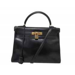VINTAGE SAC A MAIN HERMES KELLY 32 RETOURNE CUIR BOX NOIR BANDOULIERE HAND BAG