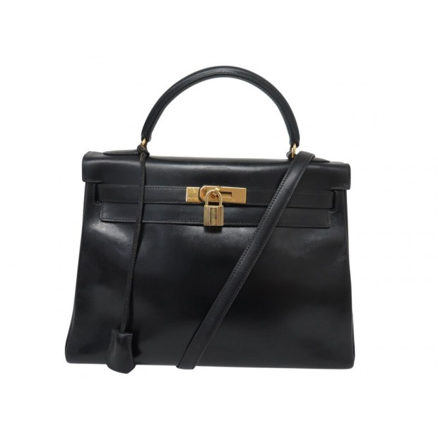 VINTAGE SAC A MAIN HERMES KELLY 32 RETOURNE CUIR BOX NOIR BANDOULIERE HAND BAG