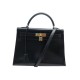 VINTAGE SAC A MAIN HERMES KELLY 33 SELLIER EN CUIR BOX NOIR BANDOULIERE HAND BAG
