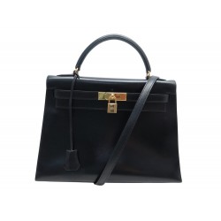 VINTAGE SAC A MAIN HERMES KELLY 33 SELLIER EN CUIR BOX NOIR BANDOULIERE HAND BAG