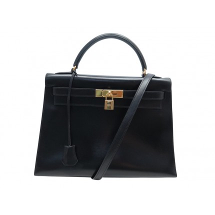 VINTAGE SAC A MAIN HERMES KELLY 33 SELLIER EN CUIR BOX NOIR BANDOULIERE HAND BAG