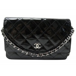 SAC A MAIN CHANEL POCHETTE WALLET ON CHAIN CUIR VERNIS NOIR WOC HAND BAG 4100€