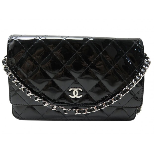 SAC A MAIN CHANEL POCHETTE WALLET ON CHAIN CUIR VERNIS NOIR WOC HAND BAG 4100€