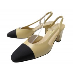 NEUF CHAUSSURES CHANEL ESCARPINS SLINGBACKS G31318 35.5 CUIR BEIGE & NOIR 1060€