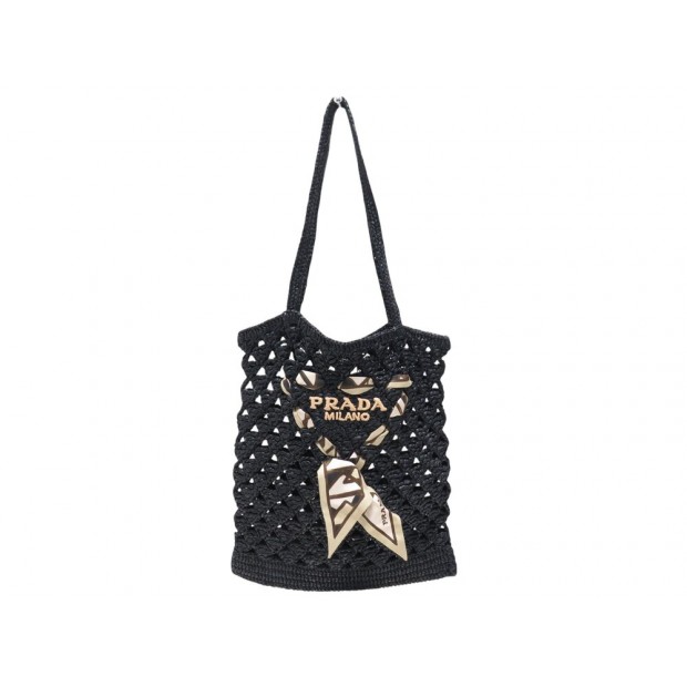 SAC A MAIN CABAS PRADA PAILLE LOGO ET FOULARD EN SOIE RAPHIA NOIR HANDBAG 1600€