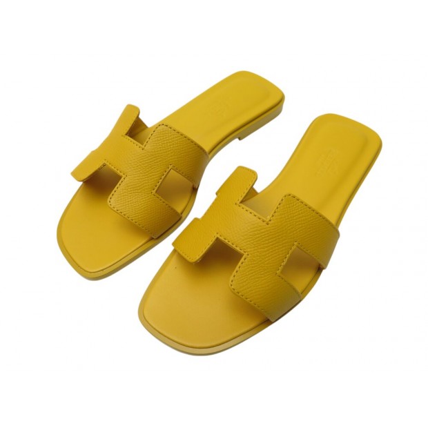 NEUF CHAUSSURES SANDALES HERMES ORAN JAUNE EN VEAU EPSOM H202272Z 35 MULES 610€