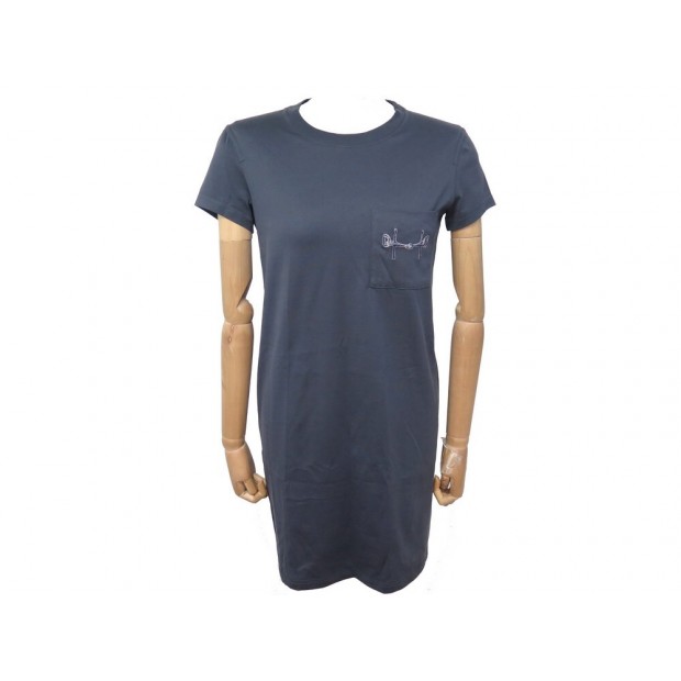 NEUF ROBE TSHIRT HERMES POCHE BRODEE MORS 36 S EN COTON BLEU MARINE DRESS 580€