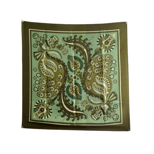 VINTAGE FOULARD HERMES SKYROS 1971 JULIA ABADIE CARRE 90 EN SOIE KAKI SCARF 530€