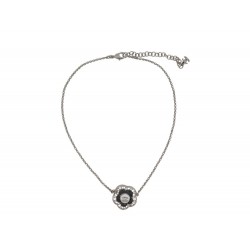 NEUF COLLIER CHANEL CAMELIA ET LOGO CC STRASS 2021 METAL ARGENTE NECKLACE 990€