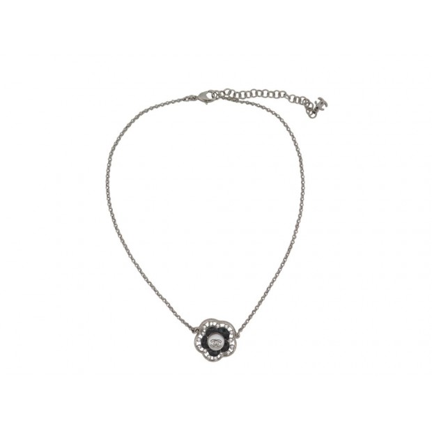 NEUF COLLIER CHANEL CAMELIA ET LOGO CC STRASS 2021 METAL ARGENTE NECKLACE 990€