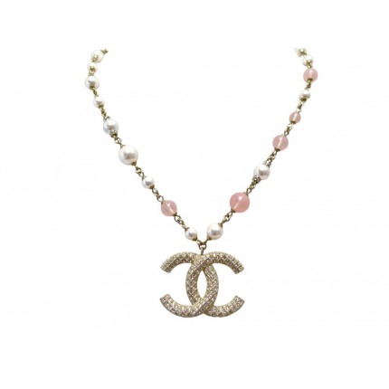 NEUF COLLIER CHANEL PERLES ROSES ET LOGO CC STRASS DORE 2020 GOLD NECKLACE 1990€